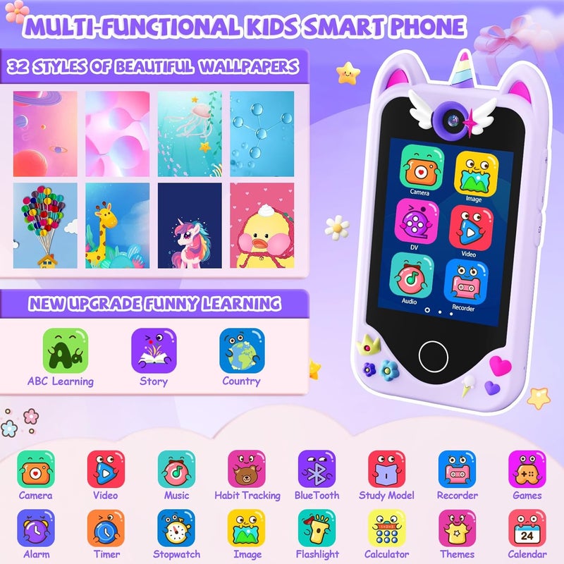 Yosfeng Kids Smart Phone for Girls Gifts - Toddler Christmas Birthday Gift for Age 3 4 5 6 Year Old, Kids Cell Phone Toy with Touchscreen, Dual Cameras, Learning, Kid Mp3 Player, Games with 32 GB Card - Image 2